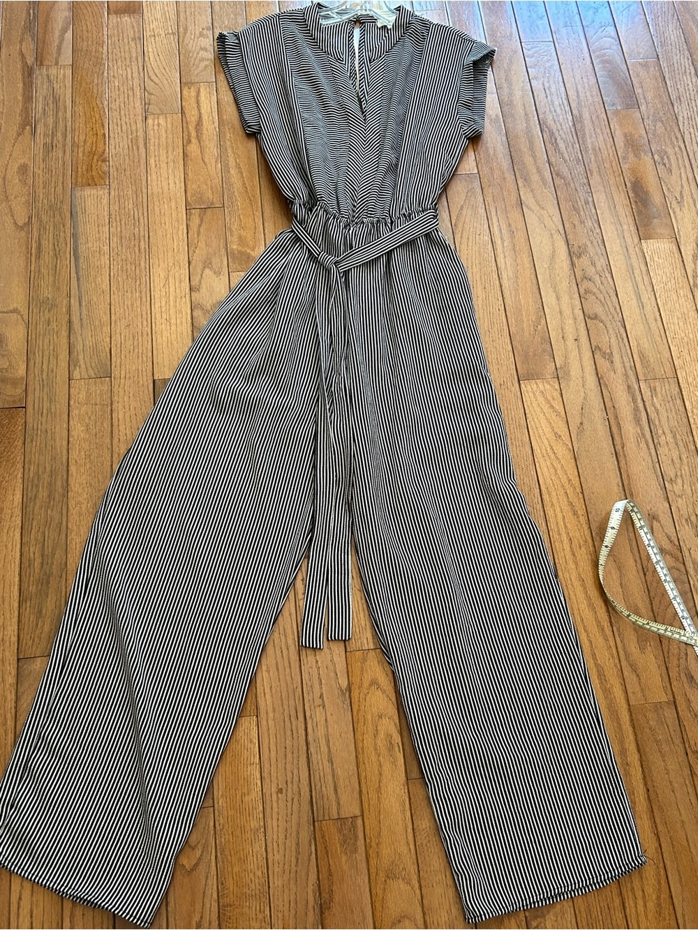 Monteau Black & White Vertical Stripe Tie-Waist Jumpsuit